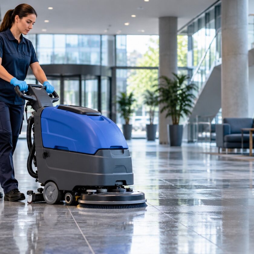 Agent utilisant une autolaveuse sur le sol d un hall professionnel