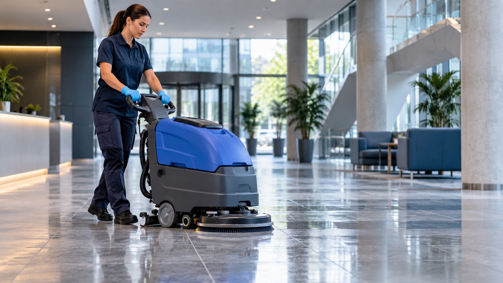 Agent utilisant une autolaveuse sur le sol d un hall professionnel